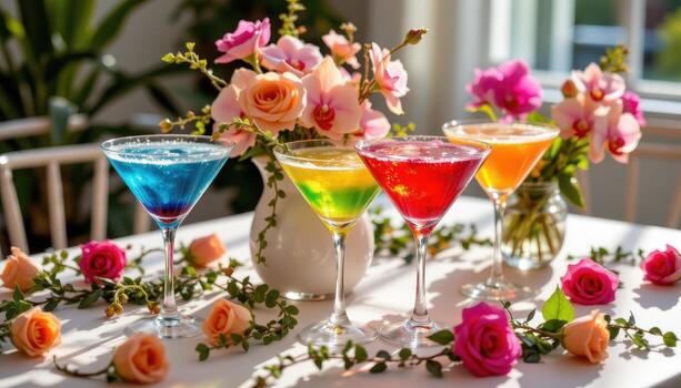 A festive tabletop featuring rainbow cocktails, roses, orchids, and trailing greenery with soft sunlight reflecting across the glassware. photo