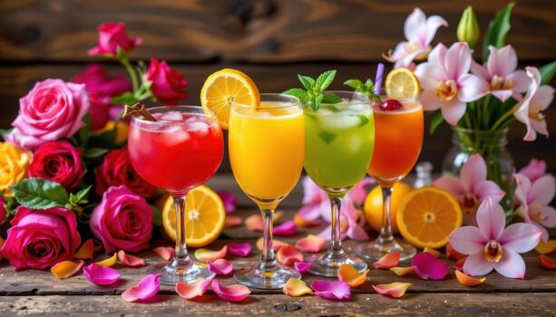 A vibrant arrangement of fruity cocktails in a rustic wooden setting, complemented by roses, lilies, and orchids, with petals delicately scattered around the base of the glasses. photo