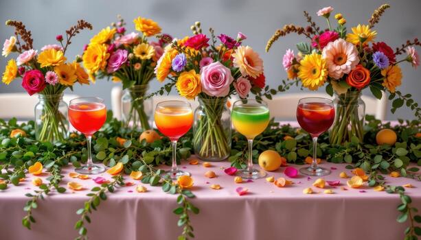 A festive tabletop featuring rainbow cocktails, floral centerpieces in mixed colors, and trailing greenery with petals scattered in intricate patterns. photo
