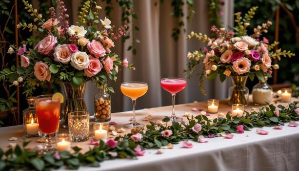 A sophisticated celebration setup with multicolored cocktails, lush floral bouquets, and trailing greenery, enhanced by scattered petals and soft candlelight. photo