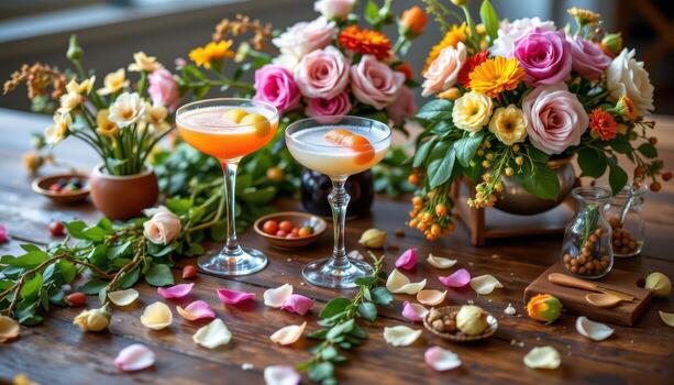 A sophisticated tabletop setup with rainbow cocktails, lush flower arrangements, trailing greenery, and petals elegantly strewn across a wooden surface. photo