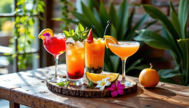 A vibrant arrangement of layered cocktails on a rustic wooden table, complemented by tropical flowers, trailing vines, and soft sunlight reflections. photo