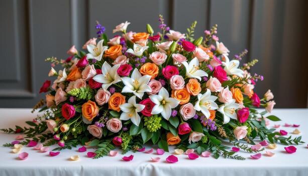 A lively display of layered cocktails, roses, lilies, orchids, and trailing greenery, with scattered petals enhancing the celebratory atmosphere. photo