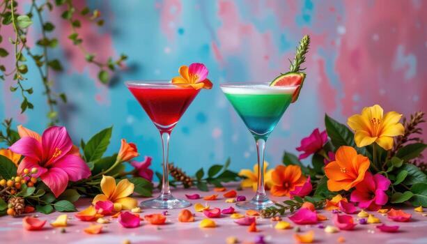 A lively festive display with layered cocktails in vivid hues, complemented by tropical flowers, trailing vines, and scattered petals. photo