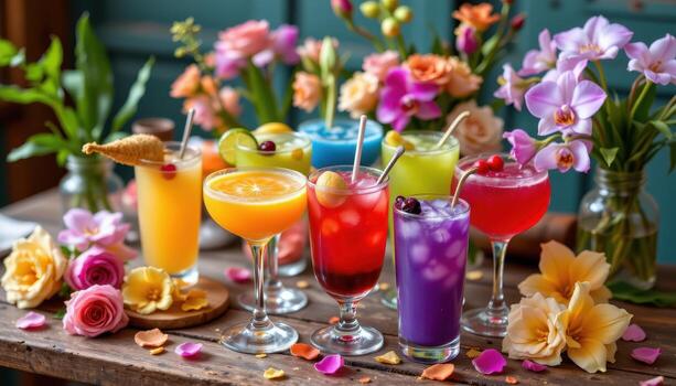 A lively arrangement of rainbow hued cocktails on a rustic table, complemented by roses, lilies, orchids, and scattered petals. photo