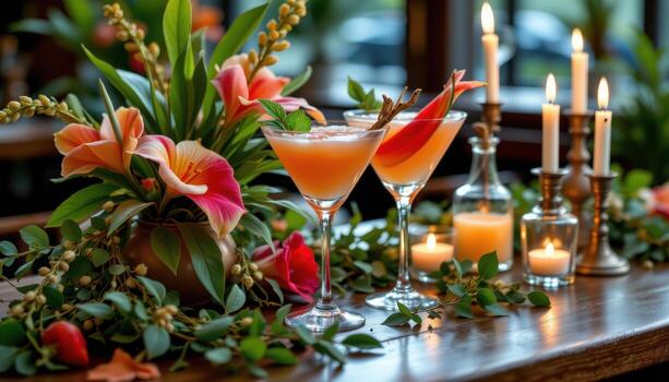 A sophisticated festive display of layered cocktails, tropical flowers, trailing greenery, and soft candlelight casting reflections on the wooden surface. photo
