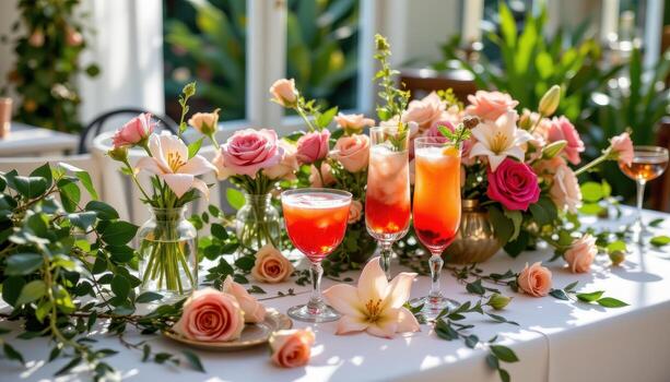 A lively party table featuring layered cocktails, roses, lilies, and trailing greenery reflecting soft sunlight. photo