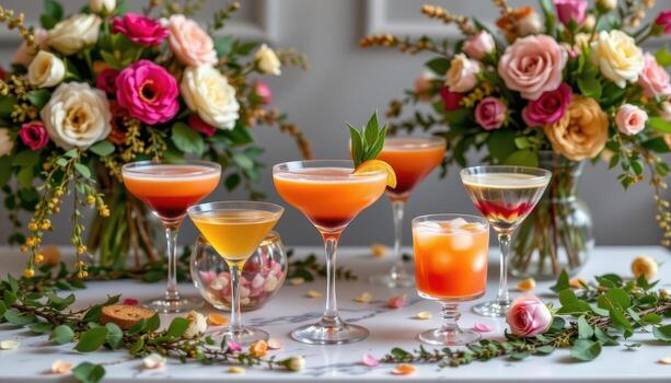 A festive display of layered cocktails in elegant glassware, surrounded by lush flower arrangements and trailing greenery. photo