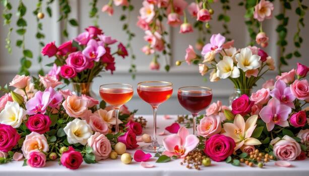 A sophisticated festive setup with cocktails in various shades, surrounded by roses, orchids, lilies, and trailing greenery. photo
