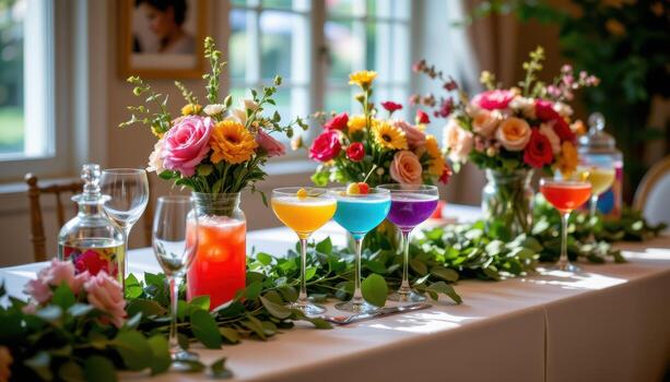 A sophisticated party table with rainbow colored cocktails, lush flower arrangements, and trailing greenery under soft light. photo