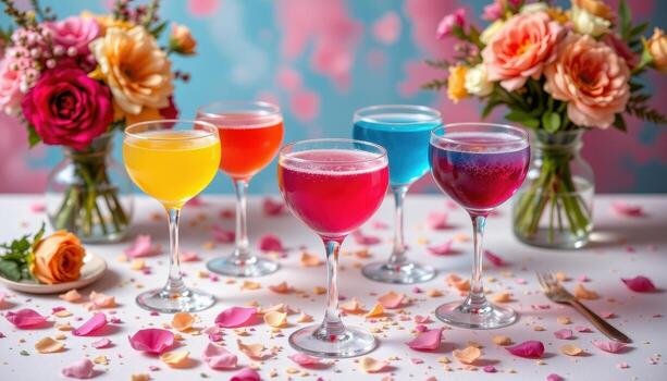 A vibrant party scene with rainbow hued cocktails in elegant glasses, complemented by elaborate flower arrangements and delicate petals scattered in artistic patterns. photo