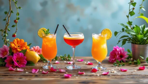 A cheerful arrangement of fruity cocktails, complemented by tropical flowers, trailing vines, and scattered petals across a rustic polished table, illuminated by soft light. photo