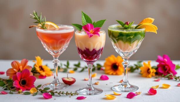 A sophisticated arrangement of layered cocktails in crystal glasses, complemented by tropical flowers, trailing vines, and scattered petals enhancing the festive setting. photo