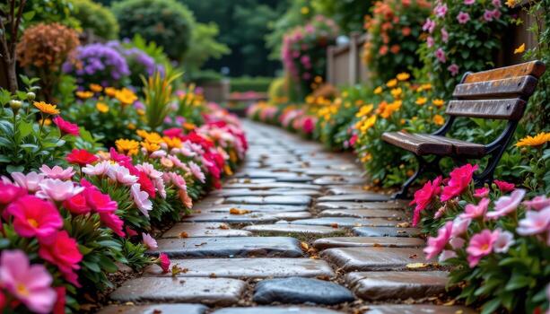 A lush garden trail lined with benches and colorful blooms, each petal sparkling with raindrops, wet stones mirroring the flowers. photo
