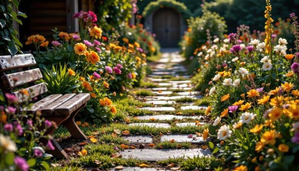 A garden path lined with rustic benches and radiant flowers after a shower, the wet ground and petals shimmering under soft light. photo
