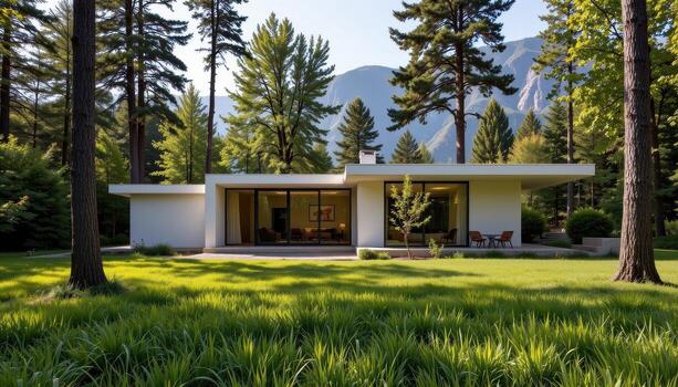A minimalist architectural home surrounded by natural light, grass, and tall trees. photo