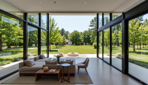 A spacious modern structure with large glass panels overlooking the surrounding trees and grass. photo