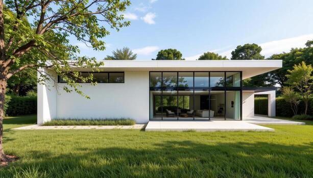 A minimalist modern house featuring large glass panels and clean lines, set amidst a serene landscape of grass and trees. photo