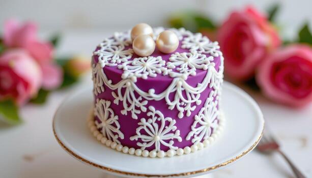 A mini cake with piped lace patterns and delicate sugar pearls. photo