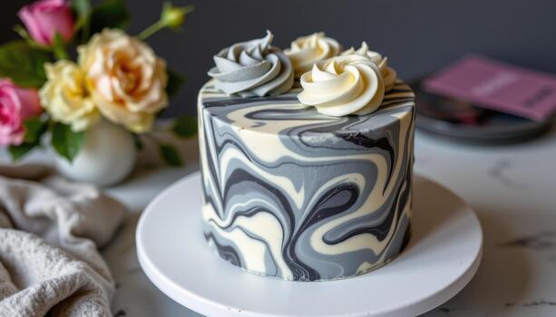 A marble patterned mini cake with gray and white swirls. photo