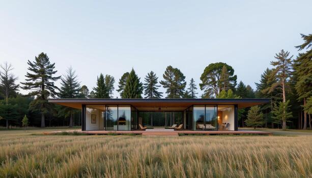 A minimalist home built with glass, wood, and steel in the midst of open grassland and tall trees. photo