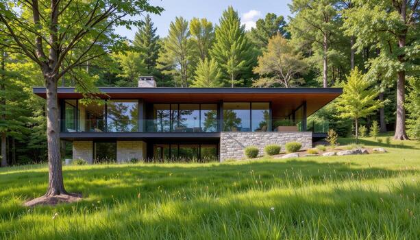 A nature inspired modern residence blending glass and stone with grass and trees surrounding it. photo