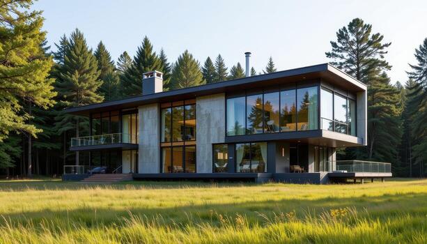 A large modern glass house with metallic accents, built in the middle of a grassy field surrounded by forest trees. photo