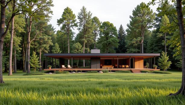 A sustainable modern home with eco friendly design in the middle of trees and grassland. photo
