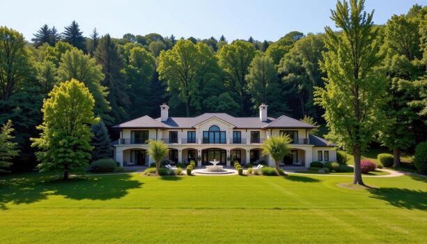 A rectangular architectural villa surrounded by dense forest trees and bright grass. photo