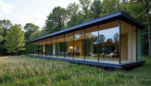 A long horizontal glass structure blending with a natural setting of grass and trees. photo