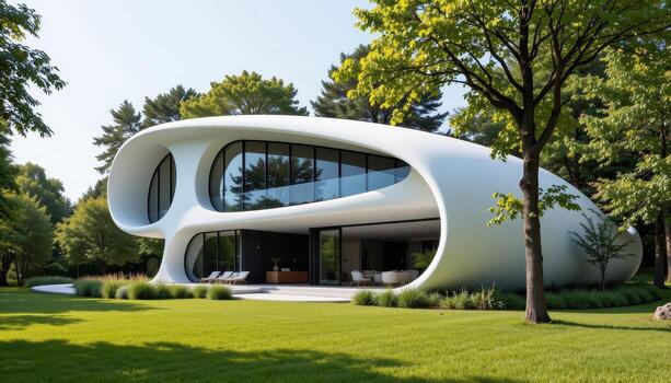 A futuristic architectural house with smooth glass walls amidst trees and open lawn. photo