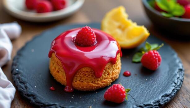 A glossy raspberry mirror glazed mini cake on a dark slate plate. photo
