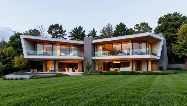A luxurious modern residence featuring sharp angles, panoramic windows, and natural materials blending seamlessly with the green landscape of grass and trees. photo