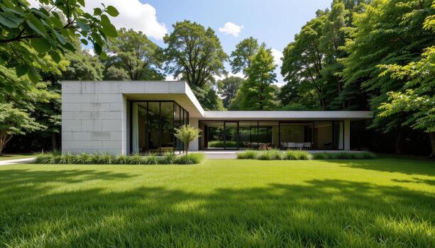 A contemporary concrete house with a boxy shape, large glass panels, and neatly trimmed grass stretching to the trees beyond. photo