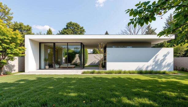 A minimalist modern home with large transparent glass walls, flat roof, and a spacious open yard filled with fresh green grass and leafy trees. photo