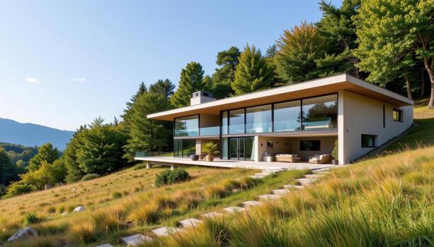 A modern hillside home with wide transparent windows overlooking a landscape of soft grass and dense green trees. photo