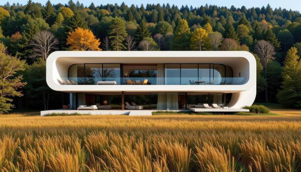 A futuristic architectural home with wide windows and open terraces set amid a vibrant field of grass and forest trees. photo