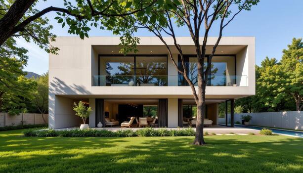 A modern cube style house with smooth concrete walls and panoramic glass windows framed by trees and green lawn. photo