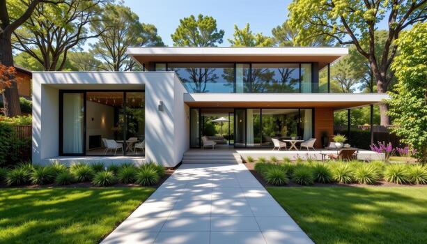 A stylish modern home with minimalistic structure and expansive windows reflecting the surrounding trees and green garden. photo