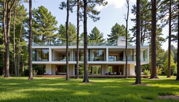 A contemporary architectural house with clear glass sides surrounded by tall trees and a carpet of grass. photo