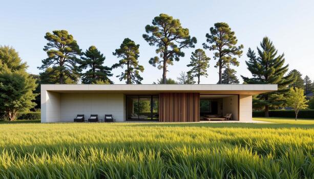 A minimalist modern home with concrete and wood textures surrounded by a vibrant field of grass and tall trees. photo