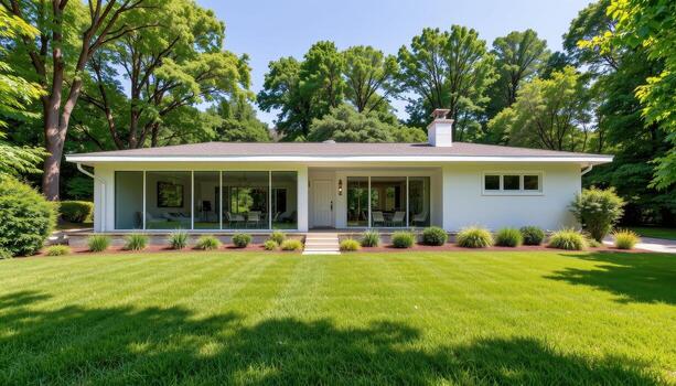 A bright white modern home with full length windows and a wide lawn leading into the trees. photo