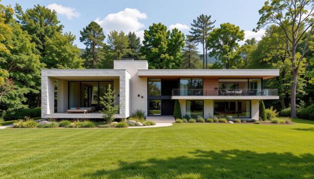 A rectangular modern home built with natural stone and glass, surrounded by lush grass and trees. photo