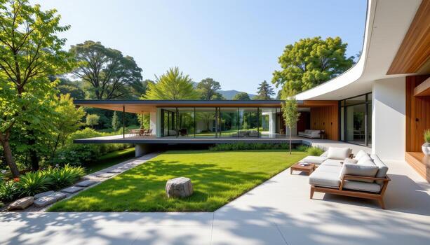 A spacious modern house with transparent walls allowing a panoramic view of the surrounding greenery. photo