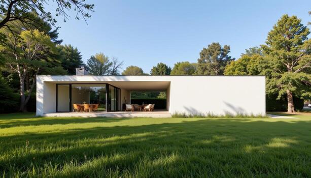 A minimalist open plan house with panoramic windows that merge with the grassy and wooded environment. photo
