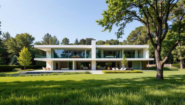 A reflective glass modern villa blending into a landscape of open grass and tall leafy trees. photo