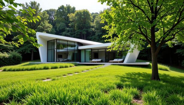 A futuristic architectural glass home surrounded by layers of bright green grass and dense trees. photo