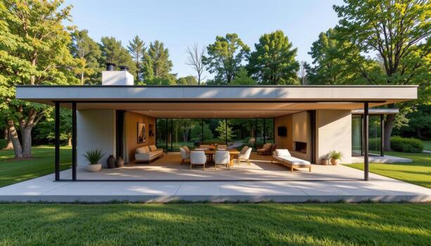 A modern box shaped house with large openings and floor to ceiling glass overlooking trees and grass. photo