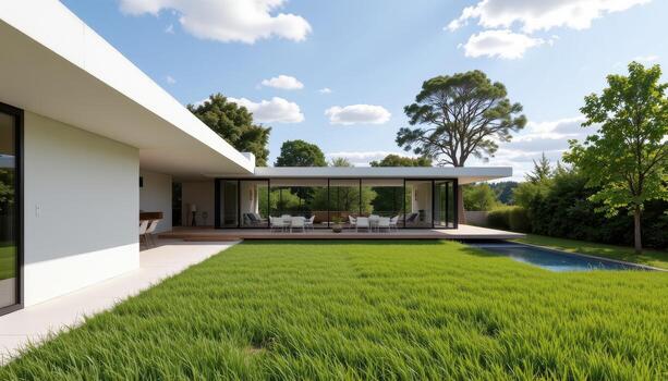 A simple yet elegant modern home with smooth textures and panoramic views of grass and trees. photo