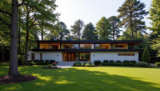 A linear architectural house with horizontal windows surrounded by trimmed lawns and tall trees. photo